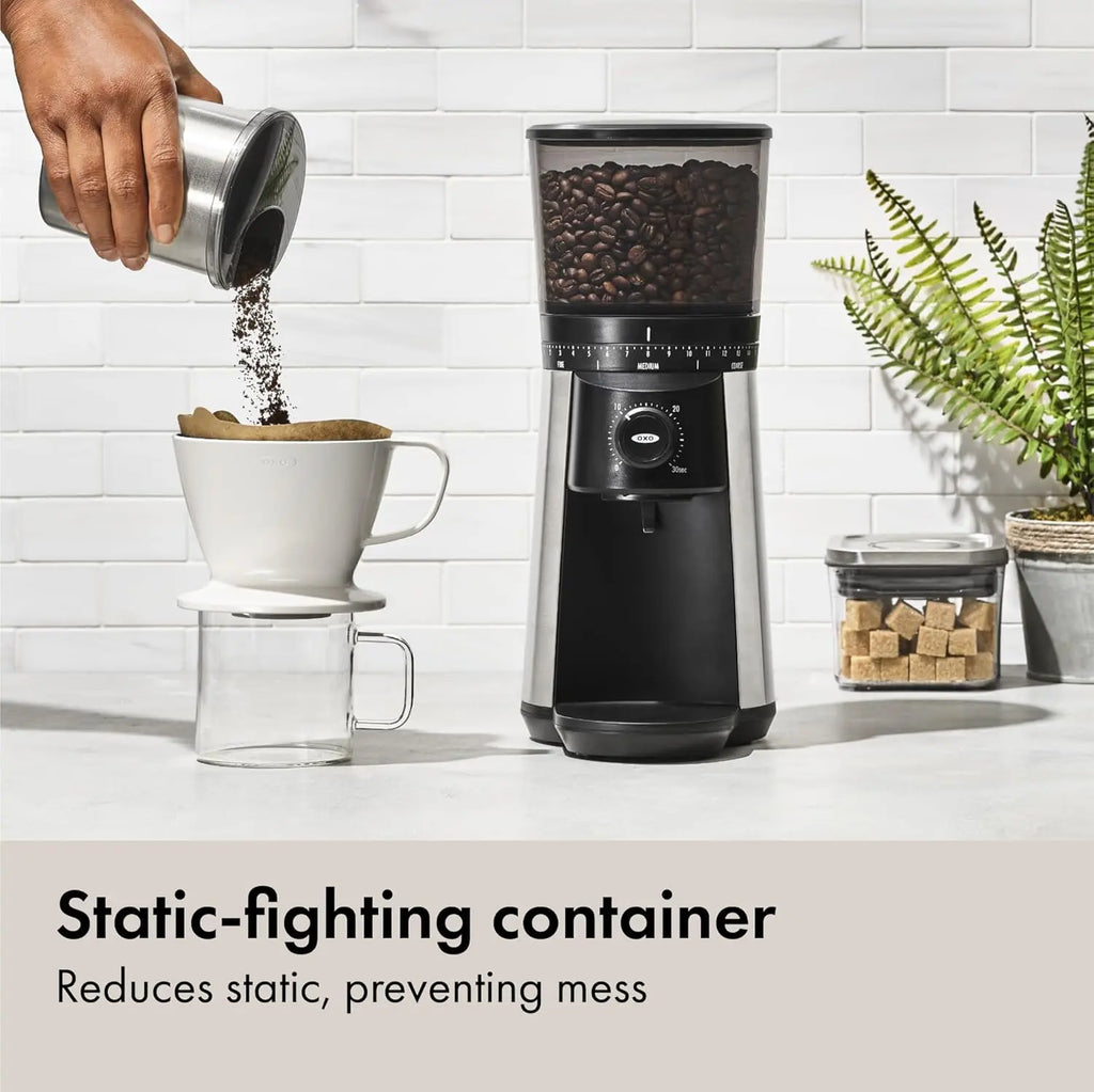 OXO Brew Conical Burr Coffee Grinder - Silver, Stainless Steel Burrs, One-Touch Automatic Smart Grind - Crema Peaks Coffee