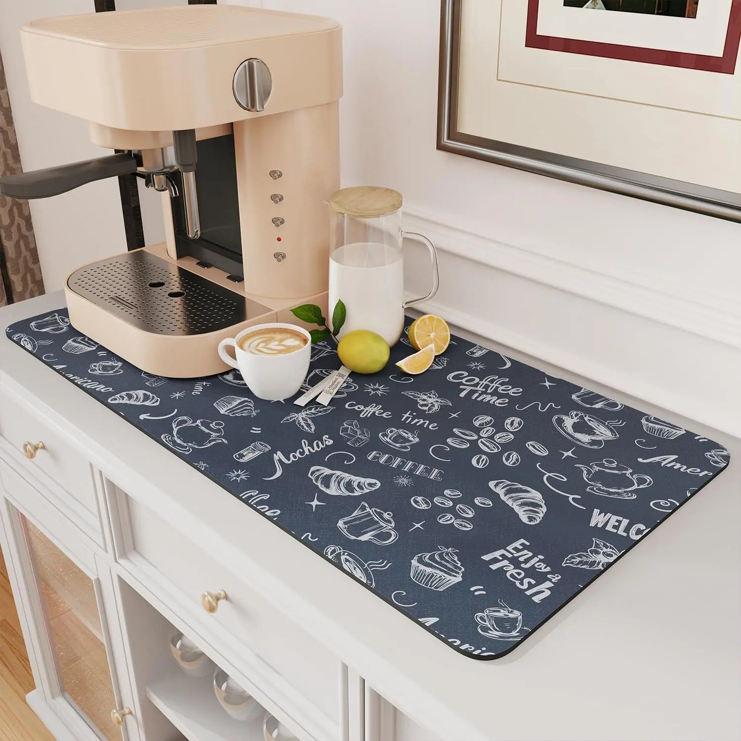 Coffee Mat Hide Stain Rubber Backed Absorbent Dish Drying Mat for Kitchen Counter -AMOAMI Mat Fits Under Coffee Maker or Machine - Crema Peaks Coffee