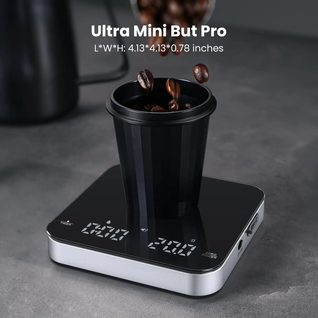 Maestri House Mini Coffee Scale with Timer, USB-C Rechargeable Espresso Scale, 2kg/0.1g Accurate Scale for Espresso and Pour-Over Coffee, Portable Digital Kitchen Scale with Auto Timer (Black&Silver) - Crema Peaks Coffee