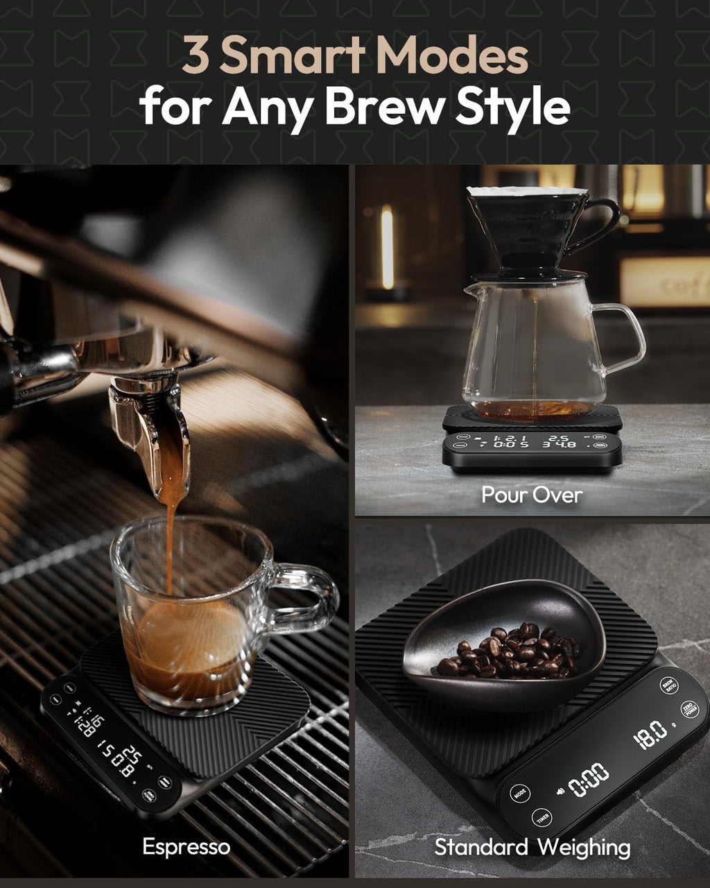 Maestri House S3 Coffee Scale with Timer, 3kg/0.1g Rechargeable Digital Scale, 3 Brew Modes, Adjustable Ratios & Flow Rate Display, Barista-Grade for Pour-Over, Espresso, French Press – Black - Crema Peaks Coffee