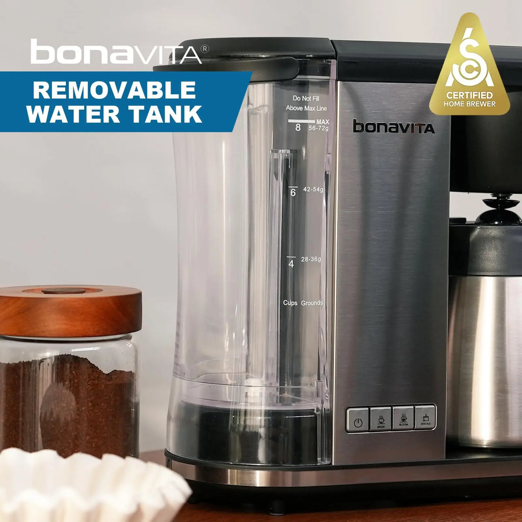Bonavita Enthusiast 8 Cup Drip Coffee Brewer, Pour Over, SCA Certified Coffee Machine with Thermal Carafe, Stainless Steel Panel, Removable Reservoir - Crema Peaks Coffee