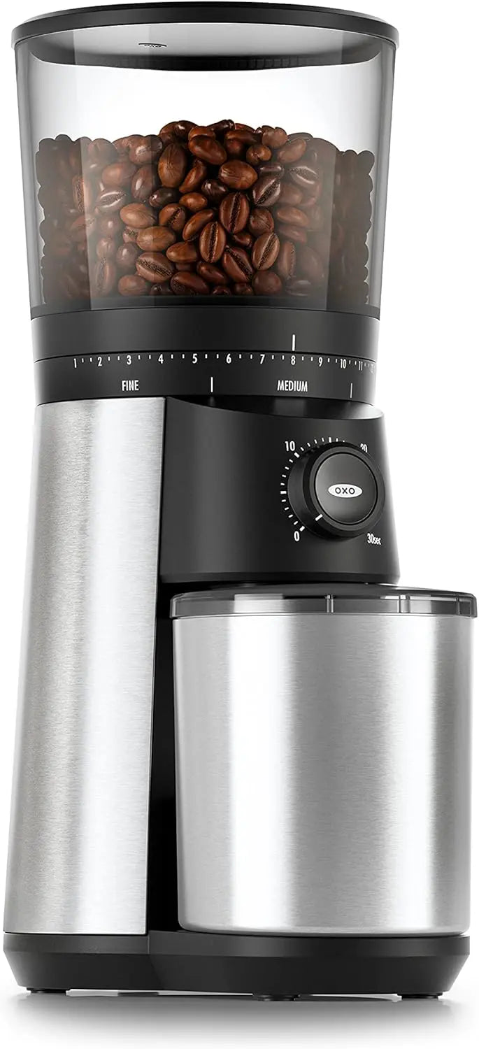 OXO Brew Conical Burr Coffee Grinder - Silver, Stainless Steel Burrs, One-Touch Automatic Smart Grind - Crema Peaks Coffee