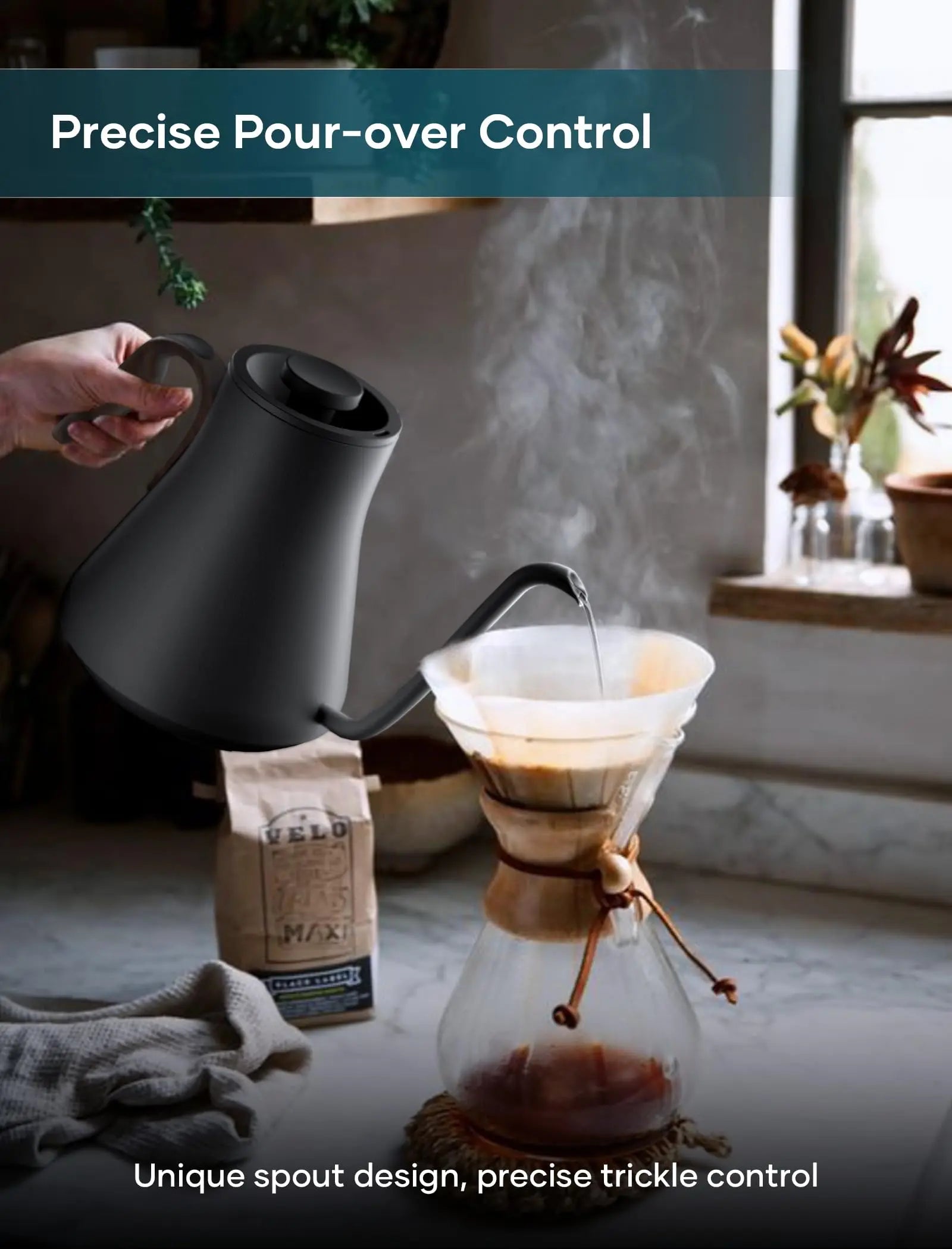 Electric Kettle, Gooseneck Electric Kettle, ±1℉ Precise Temperature Control, Stainless Steel Interior, Quick Heating for Pour Over Coffee, Tea & Boiling Water, 0.9L (Black) - Crema Peaks Coffee