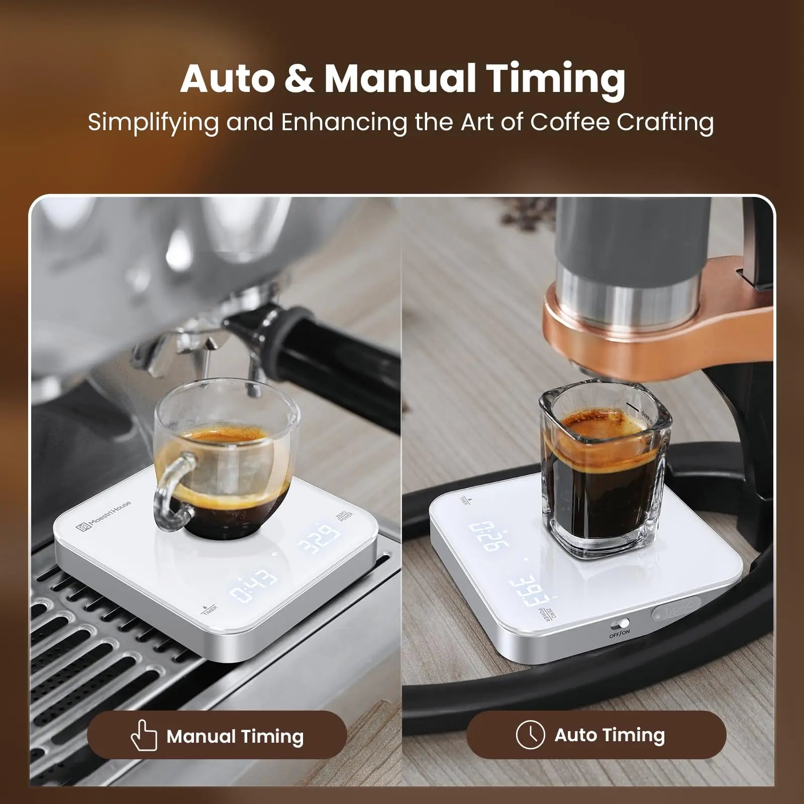 Maestri House Mini Coffee Scale with Timer, USB-C Rechargeable Espresso Scale, 2kg/0.1g Accurate Scale for Espresso and Pour-Over Coffee, Portable Digital Kitchen Scale with Auto Timer (Black&Silver) - Crema Peaks Coffee