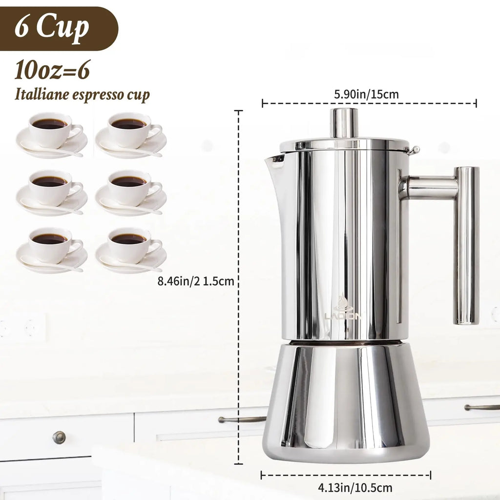 Stovetop Espresso Maker, 6Cup 10 oz Moka Pot, Stainless Steel Cuban and Italian Coffee Maker for Cafetera Cubana, Greca De Cafe Induction Stovetop Compatible, Coffee Gift for Home Travel - Crema Peaks Coffee