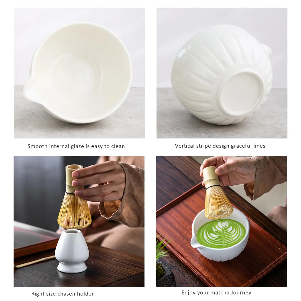 Matcha Set by TANG PIN - Match Bowl with Spout and Whisk, 15 OZ, Matcha Scoop | Matcha Whisk Stand (Chasen Holder) - 4pc Perfect Matcha Kit for Matcha Tea Ceremony (Green) - Crema Peaks Coffee