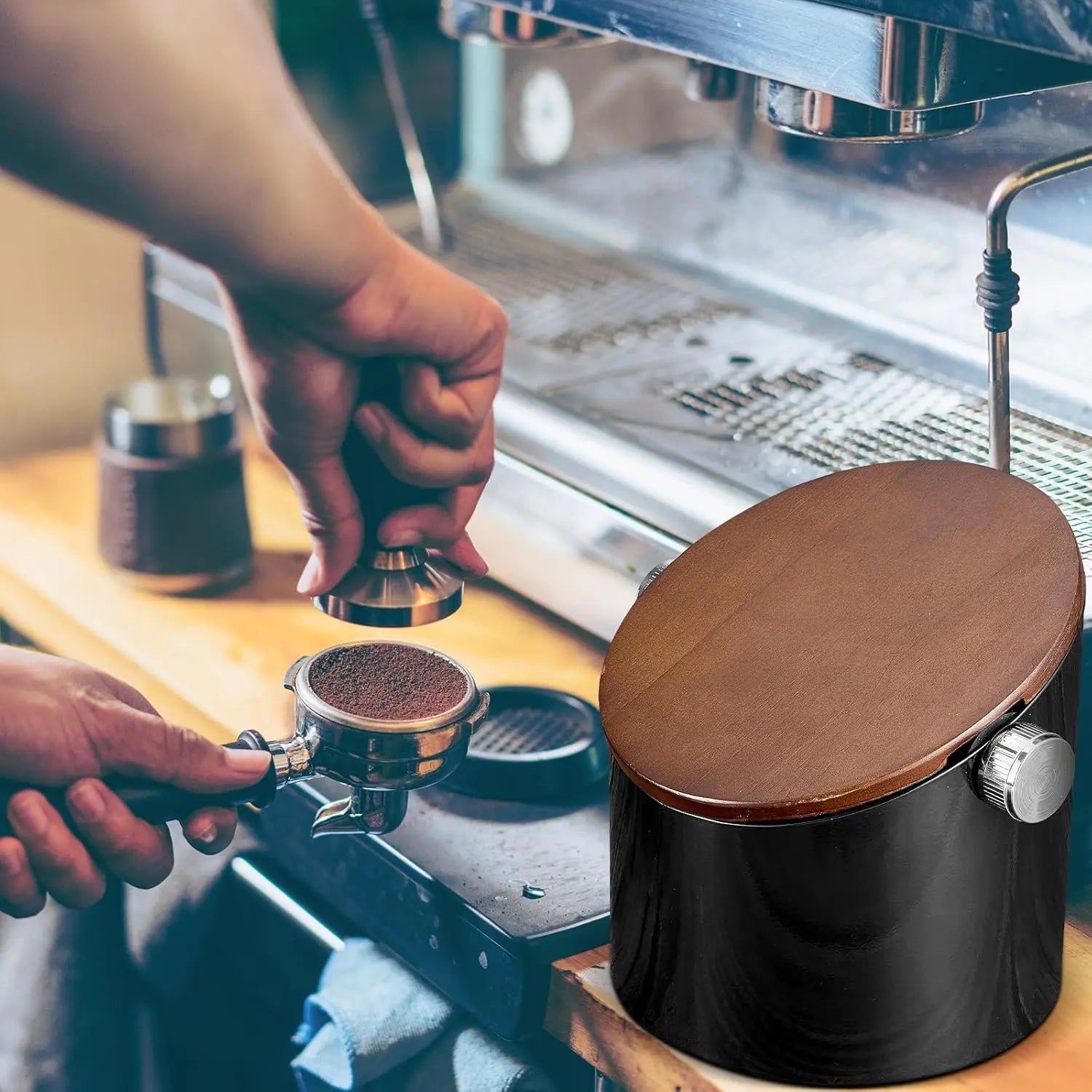 Espresso Knock Box with Walnut Lid for Coffee Grounds, Espresso Machine Accessory, Easy Disposal of Coffee Pucks, Removable Knock Bar(White,Round) - Crema Peaks Coffee