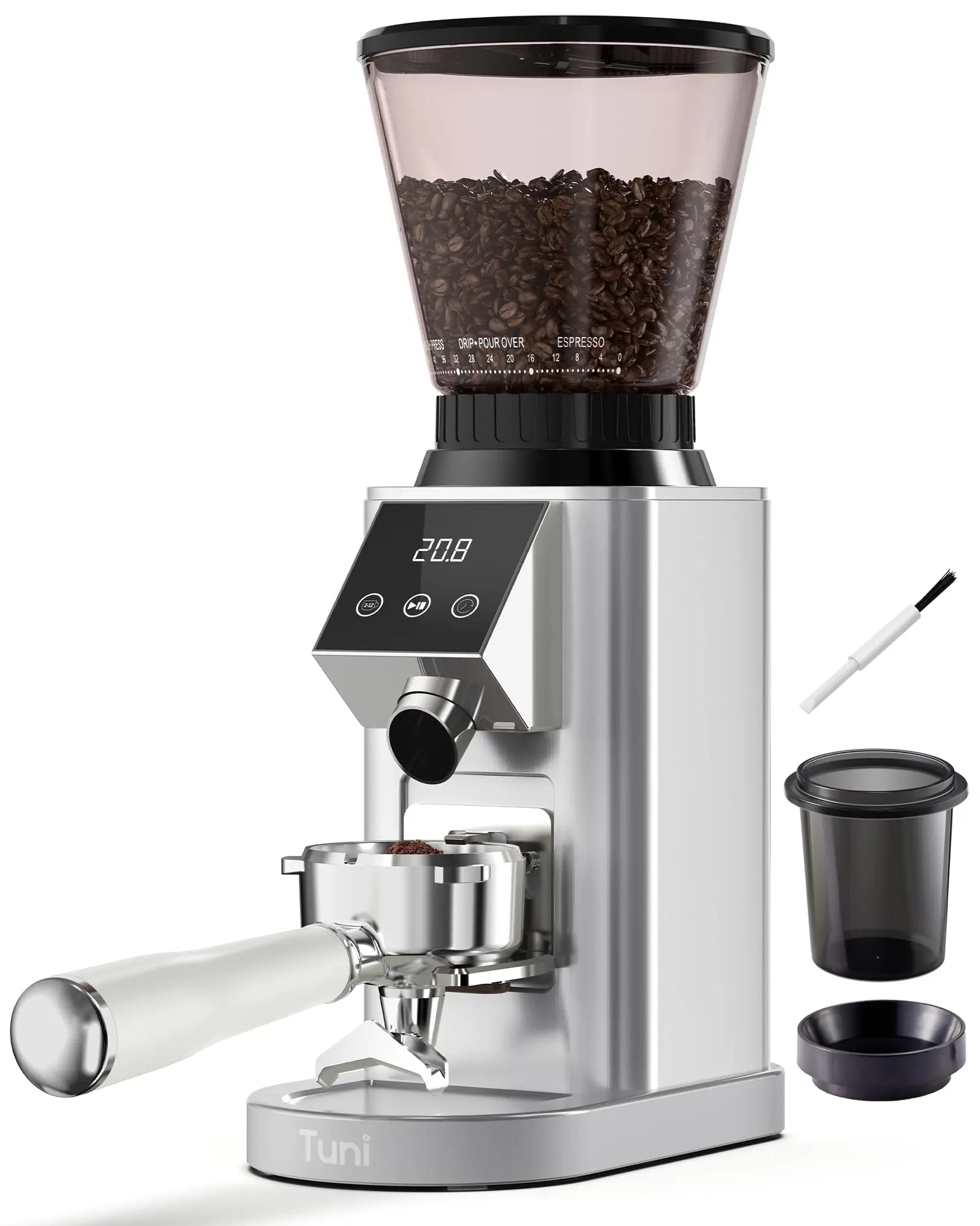 Tuni G1 Conical Burr Coffee Grinder, 48 Grind Settings Anti-static Burr Mill, Precision Electronic Timer and LED Touchscreen for Espresso/Drip/Cold Brew/French Press, Stainless Steel, Ivory - Crema Peaks Coffee