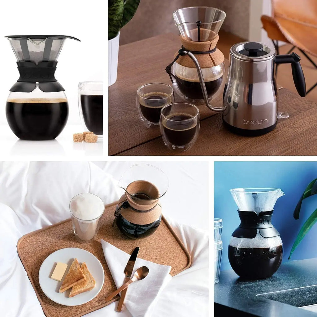 Bodum 34oz Pour Over Coffee Maker, High-Heat Borosilicate Glass with Reusable Stainless Steel Filter and Cork Grip - Made in Portugal - Crema Peaks Coffee