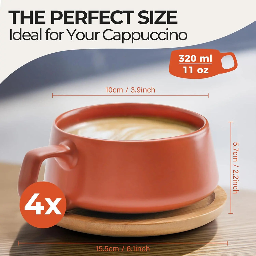 MIAMIO – 11 Oz., Set of 4 Ceramic Tea Cup and Saucer Bamboo/Tea Mug - Wide Cappuccino Cup, Coffee Cups Ceramic Mug for Cappuccino, Latte, Espresso & Americano - Luxe Collection (Beige Pastel) - Crema Peaks Coffee