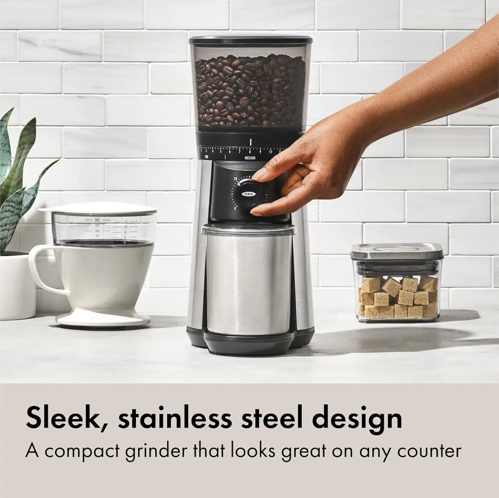 OXO Brew Conical Burr Coffee Grinder - Silver, Stainless Steel Burrs, One-Touch Automatic Smart Grind - Crema Peaks Coffee