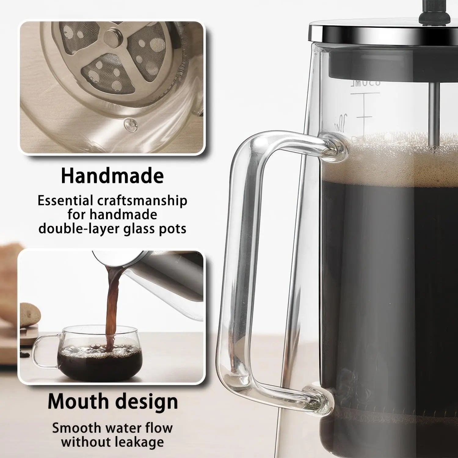 French Press Coffee Maker 22Oz - Double-Wall Insulated Borosilicate Glass - Ergonomic Handle - Coffee Gift - Tea & Coffee Press - Crema Peaks Coffee