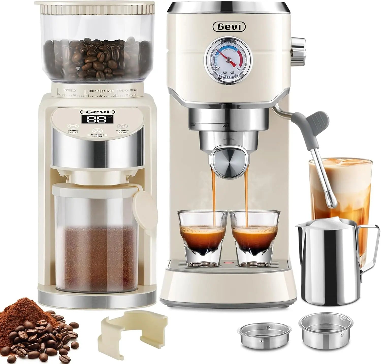 Gevi 20 Bar Espresso Coffee Machine with Burr Grinder Set | 35 Precise Grind Settings | Milk Frother for Latte Cappuccino | Professional Home Barista Kit | Gift for Coffee Lovers - Crema Peaks Coffee