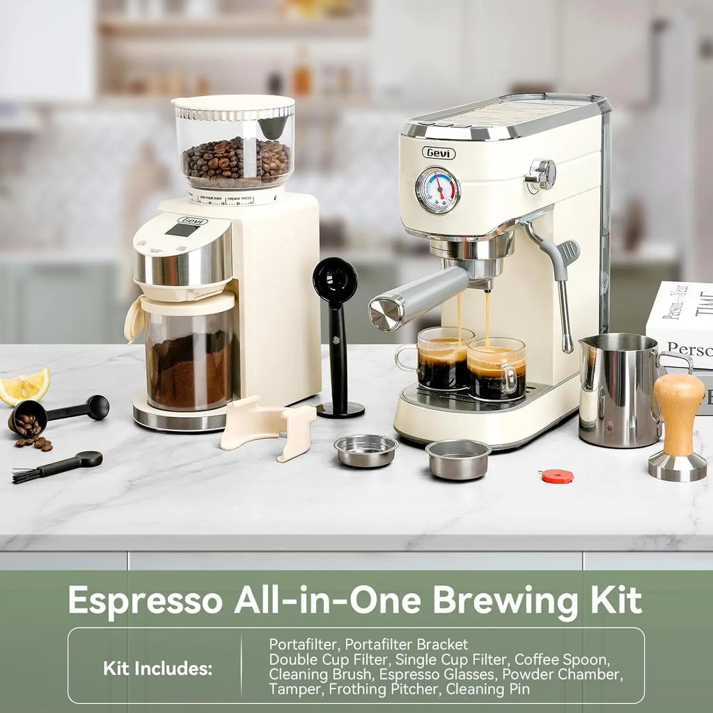 Gevi 20 Bar Espresso Coffee Machine with Burr Grinder Set | 35 Precise Grind Settings | Milk Frother for Latte Cappuccino | Professional Home Barista Kit | Gift for Coffee Lovers - Crema Peaks Coffee