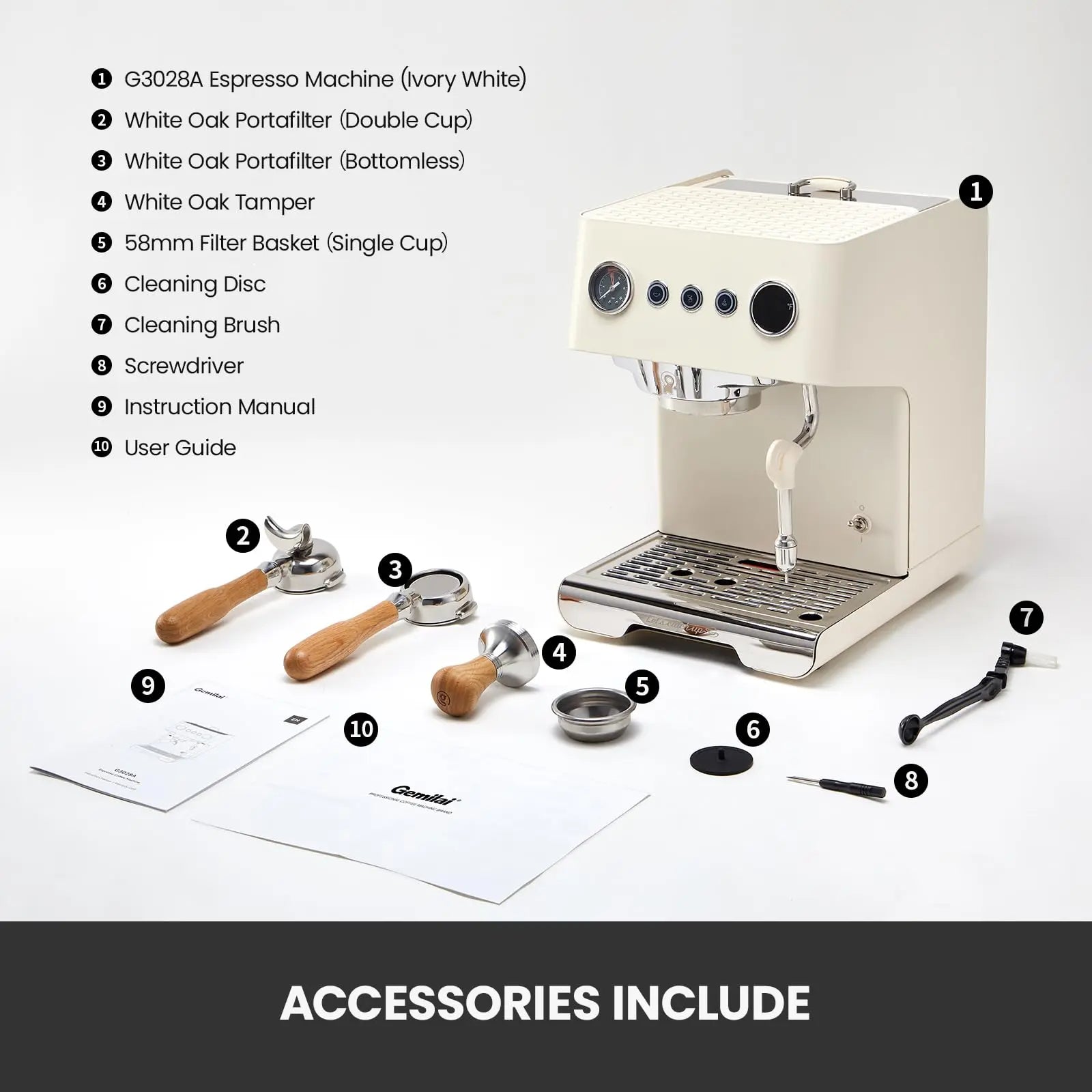 Gemilai G3028A Espresso Machine, 15 Bar Professional Coffee Maker with Adjustable Pressure & Automatic Milk Frother, Dual PID & 550ml Boiler, 57oz Tank, Stainless Steel for Cappuccino, Latte White - Crema Peaks Coffee