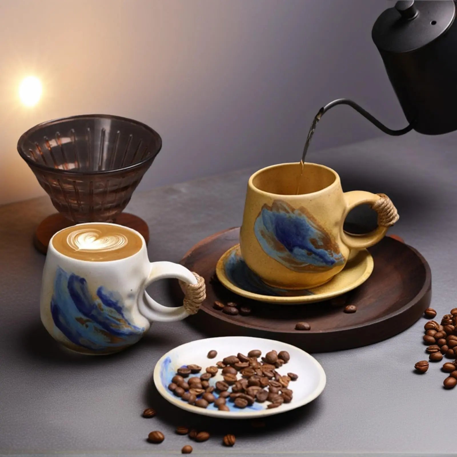 8oz Vintage Retro Japanese Style Handmade Ceramic Tea Cup and Saucer – Small Artisanal Mug with saucer set, Lead-Free Latte Art Mug, Handcrafted Pottery tea mug with handle,Teal Green - Crema Peaks Coffee