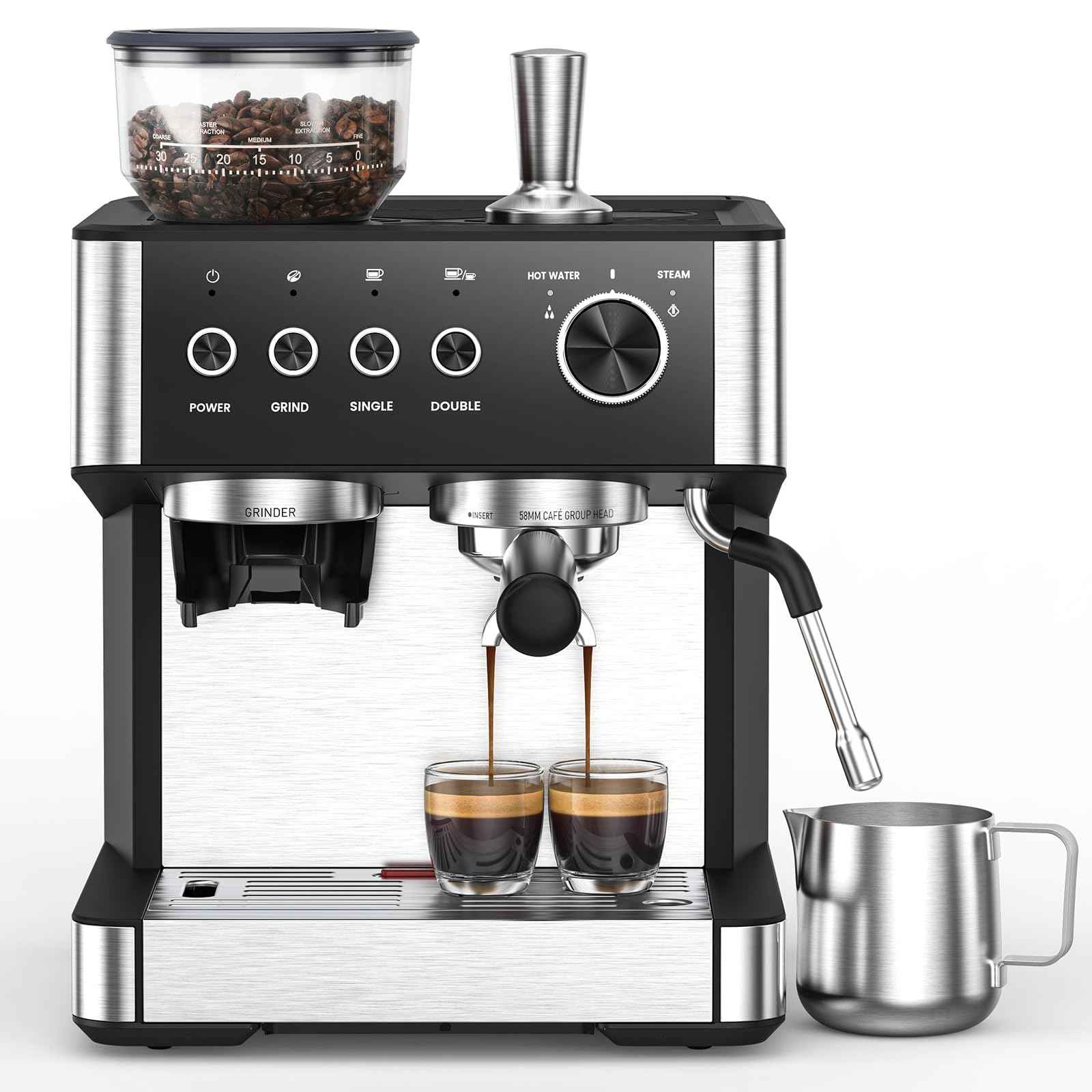 (2026 Upgrade) 15 Bar Espresso Machine with Built-in Anti-Clog Coffee Grinder, Expresso Coffee Machines with Milk Steam Wand/Frother/Tamping Tools,Espresso Maker with Grinder for Lattes-Almond