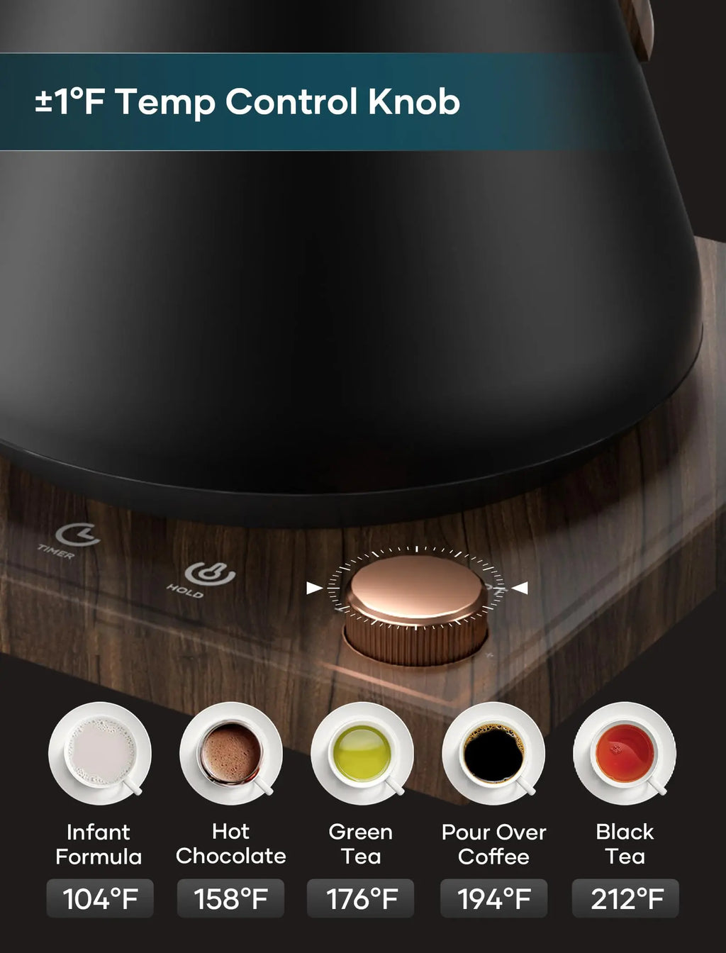 Electric Kettle, Gooseneck Electric Kettle, ±1℉ Precise Temperature Control, Stainless Steel Interior, Quick Heating for Pour Over Coffee, Tea & Boiling Water, 0.9L (Black) - Crema Peaks Coffee