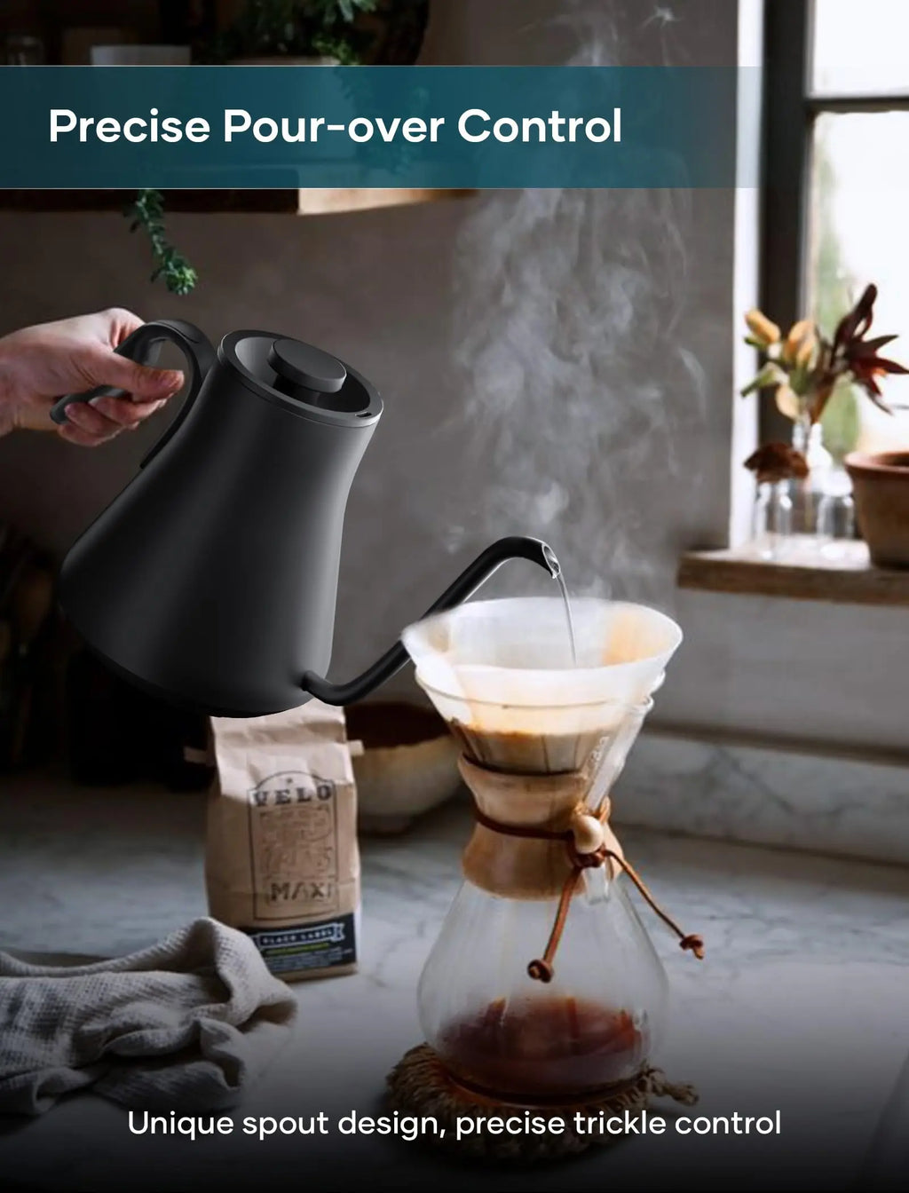 Electric Kettle, Gooseneck Electric Kettle, ±1℉ Precise Temperature Control, Stainless Steel Interior, Quick Heating for Pour Over Coffee, Tea & Boiling Water, 0.9L (Black) - Crema Peaks Coffee