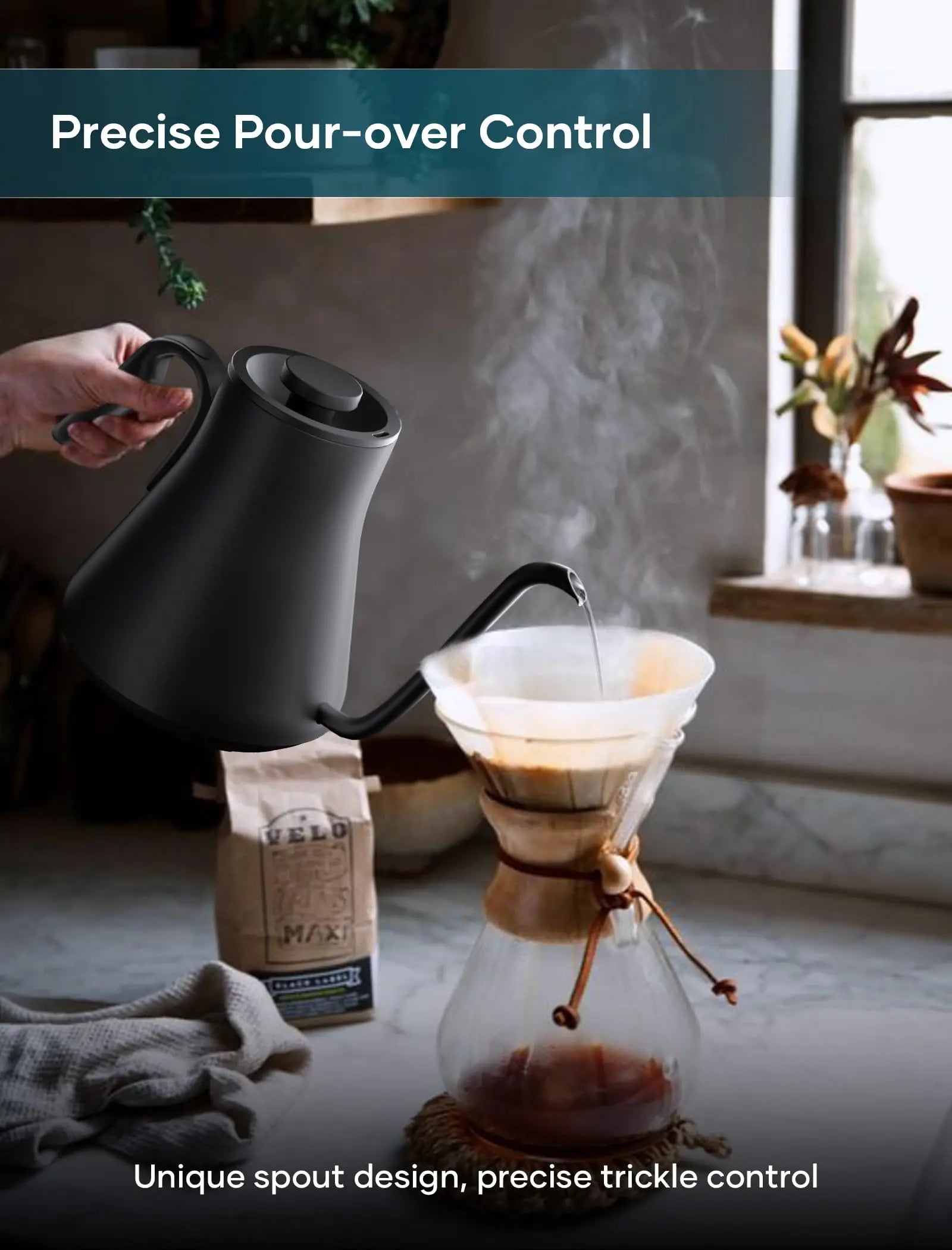 Electric Kettle, Gooseneck Electric Kettle, ±1℉ Precise Temperature Control, Stainless Steel Interior, Quick Heating for Pour Over Coffee, Tea & Boiling Water, 0.9L (Black) - Crema Peaks Coffee