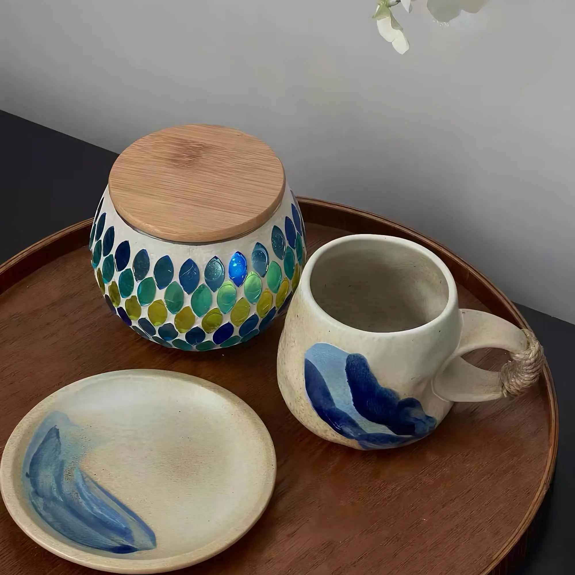 8oz Vintage Retro Japanese Style Handmade Ceramic Tea Cup and Saucer – Small Artisanal Mug with saucer set, Lead-Free Latte Art Mug, Handcrafted Pottery tea mug with handle,Teal Green - Crema Peaks Coffee
