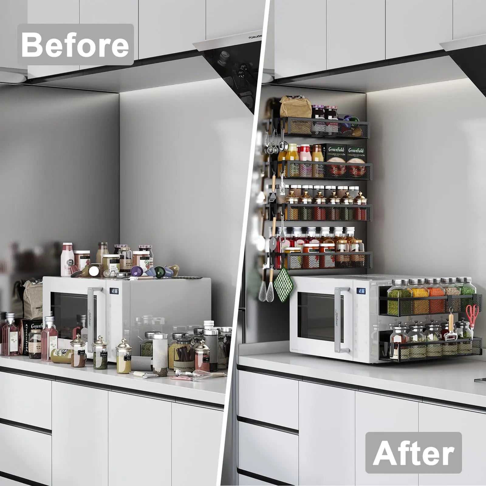 Magnetic Spice Rack for Refrigerator, 3 Pack Magnetic Shelf, Moveable Fridge Organizer with 8-Hook Rack, Seasoning Organizer for Kitchen - Crema Peaks Coffee