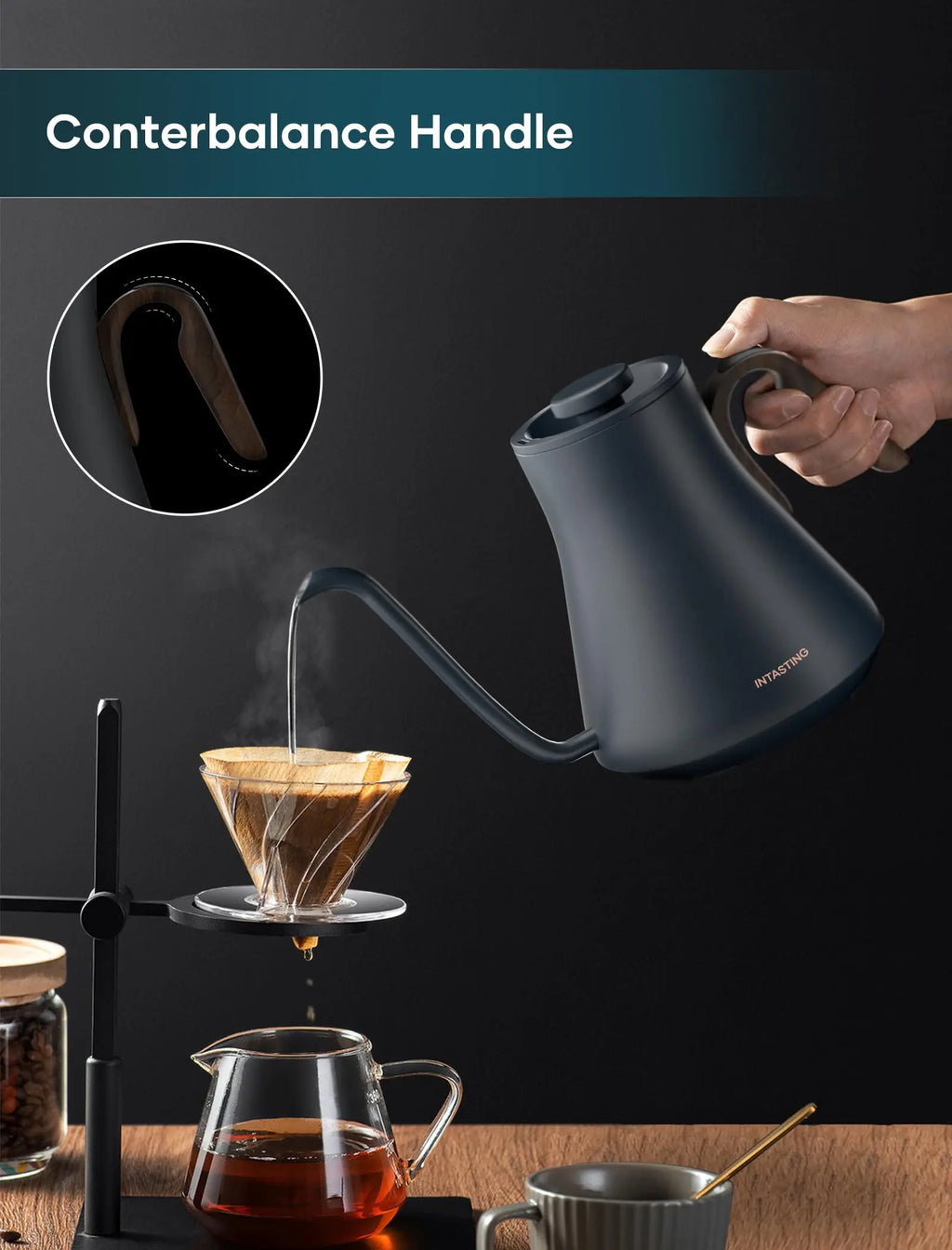 Electric Kettle, Gooseneck Electric Kettle, ±1℉ Precise Temperature Control, Stainless Steel Interior, Quick Heating for Pour Over Coffee, Tea & Boiling Water, 0.9L (Black) - Crema Peaks Coffee