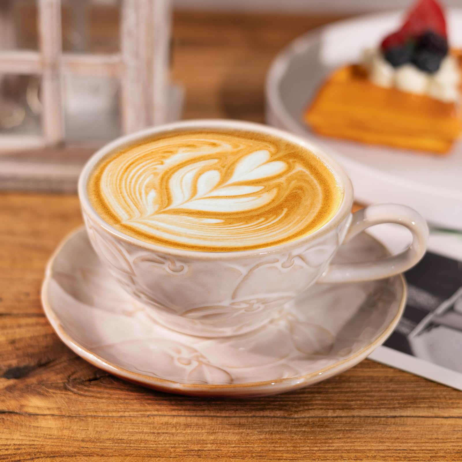 12 OZ Latte Cup with Saucer, Cappuccino Cup Vintage Cafe Art Cups for  Espresso Turkish Coffee, Farmhouse Latte Mugs Tea Cups and Saucers  Porcelain Set 