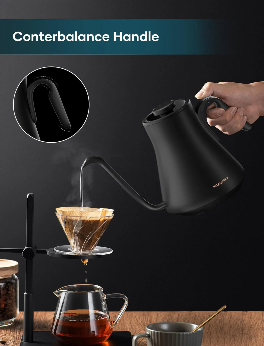Electric Kettle, Gooseneck Electric Kettle, ±1℉ Precise Temperature Control, Stainless Steel Interior, Quick Heating for Pour Over Coffee, Tea & Boiling Water, 0.9L (Black) - Crema Peaks Coffee