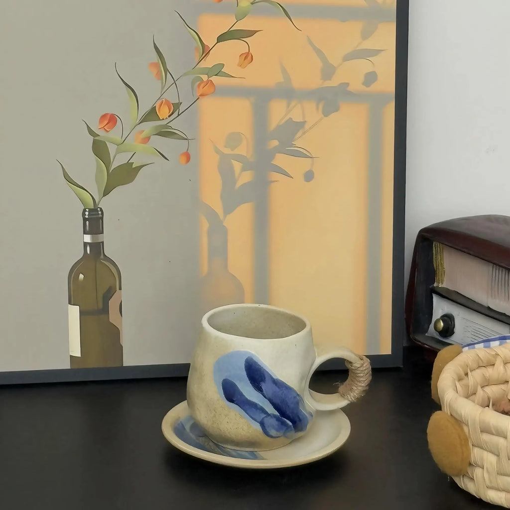 8oz Vintage Retro Japanese Style Handmade Ceramic Tea Cup and Saucer – Small Artisanal Mug with saucer set, Lead-Free Latte Art Mug, Handcrafted Pottery tea mug with handle,Teal Green - Crema Peaks Coffee