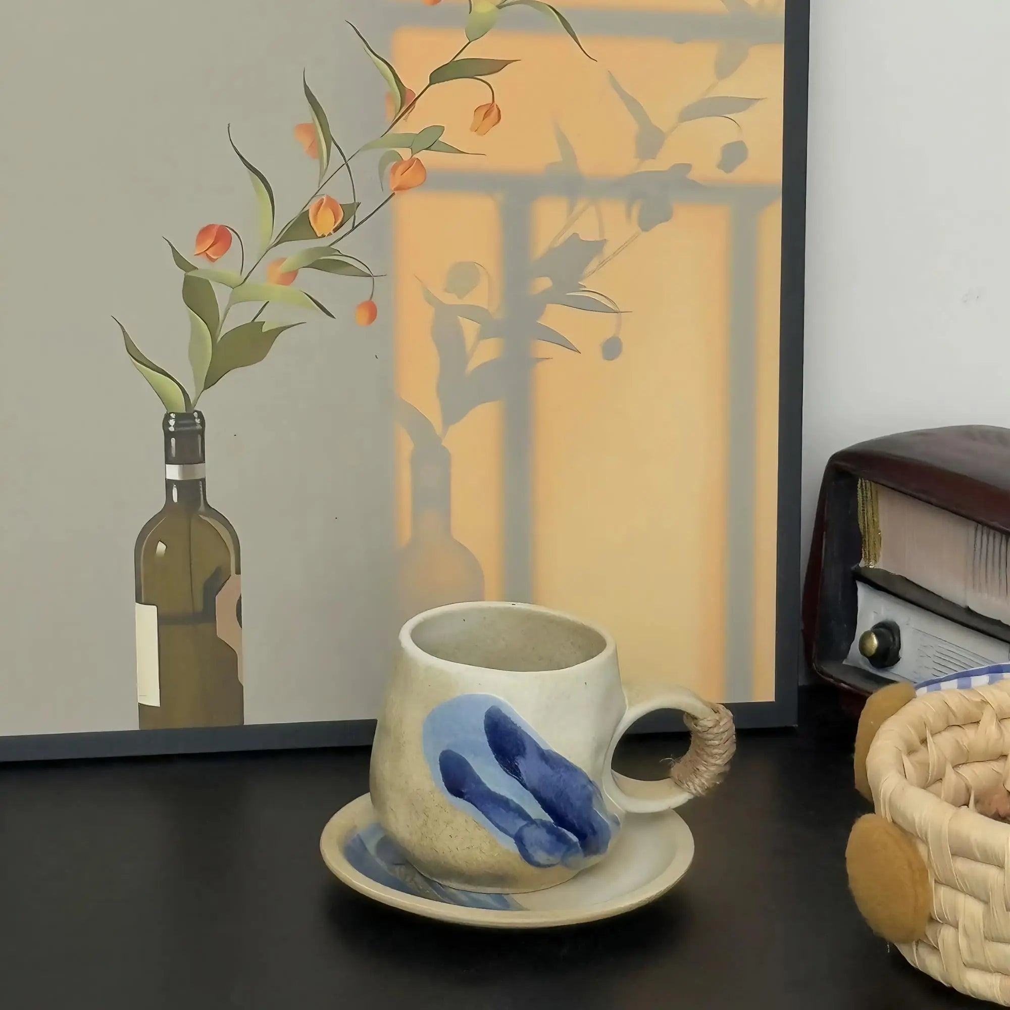 8oz Vintage Retro Japanese Style Handmade Ceramic Tea Cup and Saucer – Small Artisanal Mug with saucer set, Lead-Free Latte Art Mug, Handcrafted Pottery tea mug with handle,Teal Green - Crema Peaks Coffee