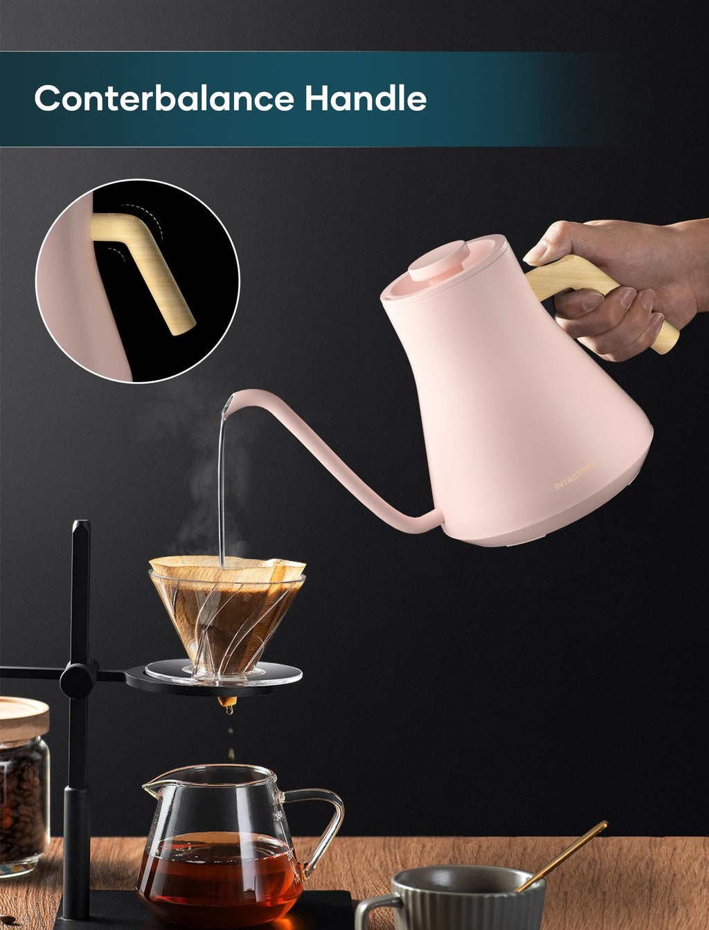 INTASTING Electric Kettles, Gooseneck Electric Kettle, ±1℉ Temperature Control, Stainless Steel Inner, Quick Heating, for Pour Over Coffee, Brew Tea, Boil Hot Water, 0.9L Dark Grey