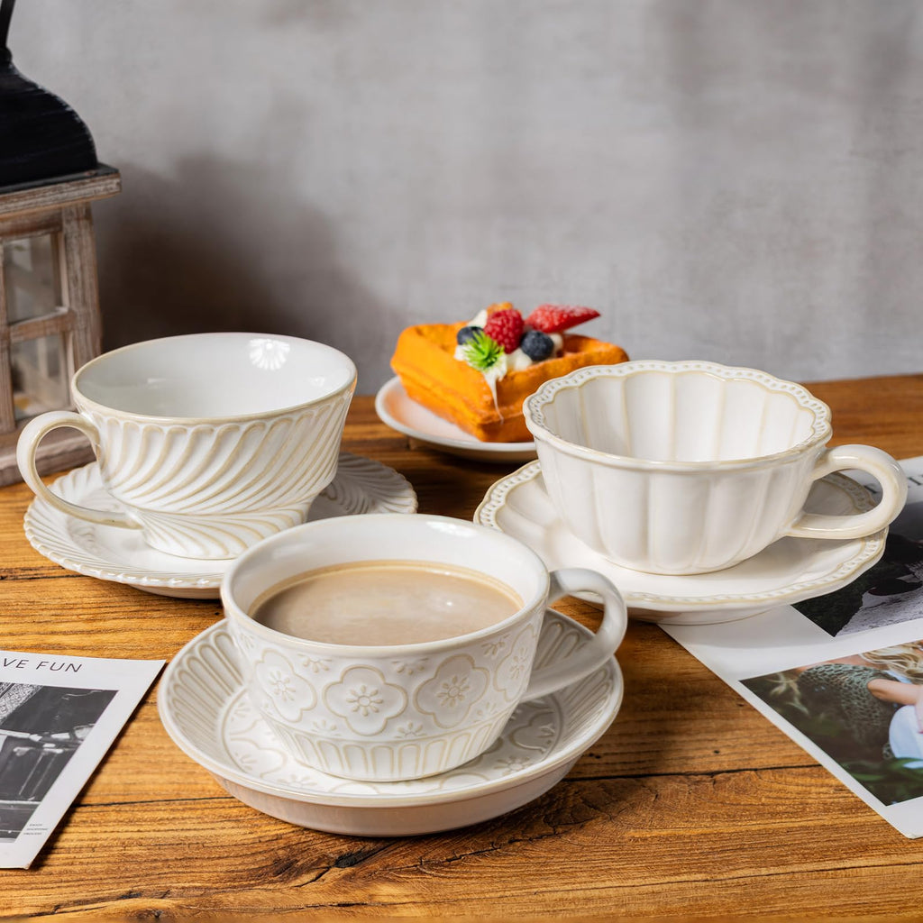 12 OZ Latte Cup with Saucer, Cappuccino Cup Vintage Cafe Art Cups for Espresso Turkish Coffee, Farmhouse Latte Mugs Tea Cups and Saucers Porcelain Set for Christmas Thanksgiving Day Gift - Crema Peaks Coffee