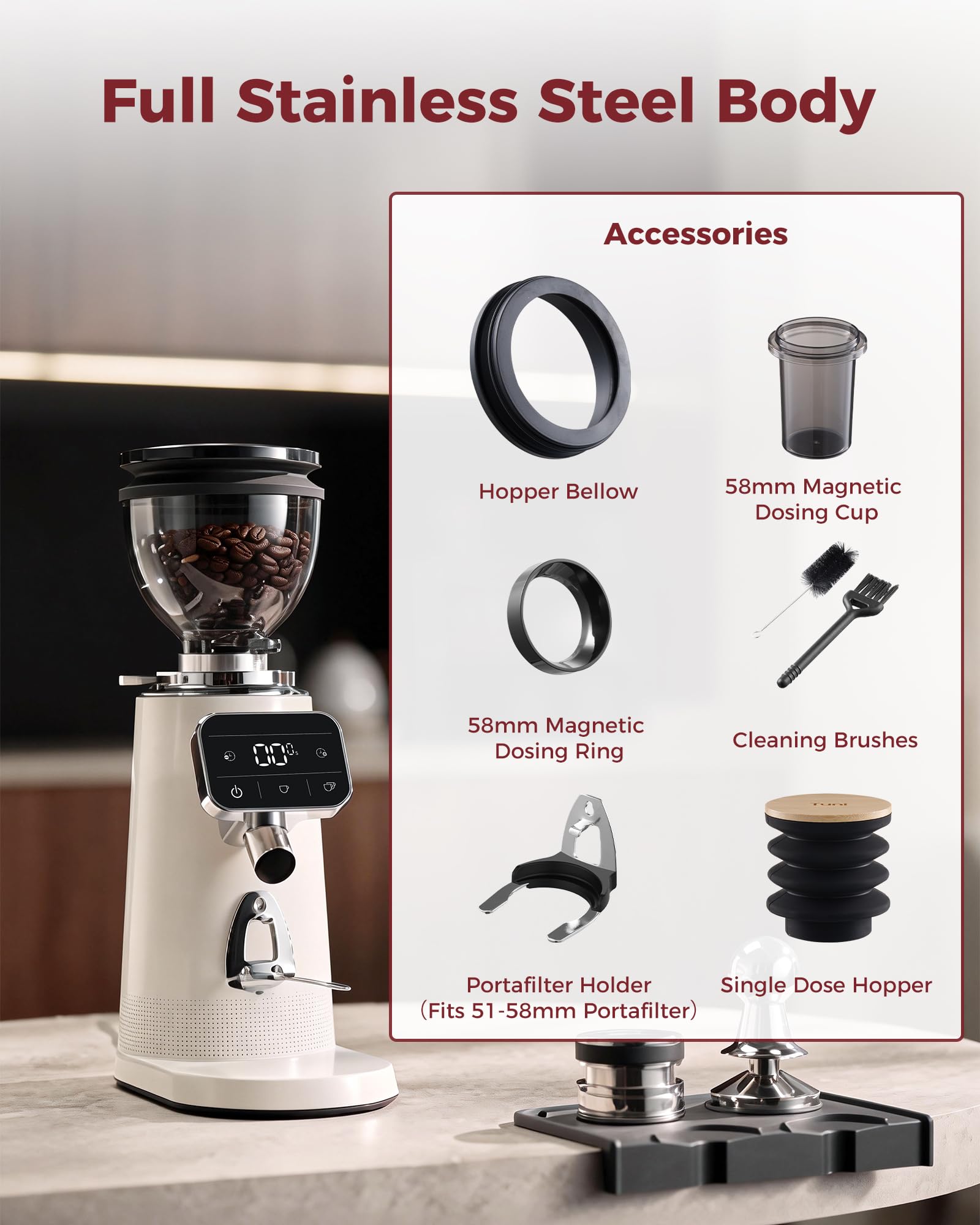 Tuni G3 coffee grinder 64mm Flat Burr Coffee Grinder, 100 Grind Settings Electric Espresso Grinder with Single Dose Set | Commercial Grade Precision, Touchscreen | Anti-Static Tech | Stainless Steel (Ivory) - Crema Peaks Coffee