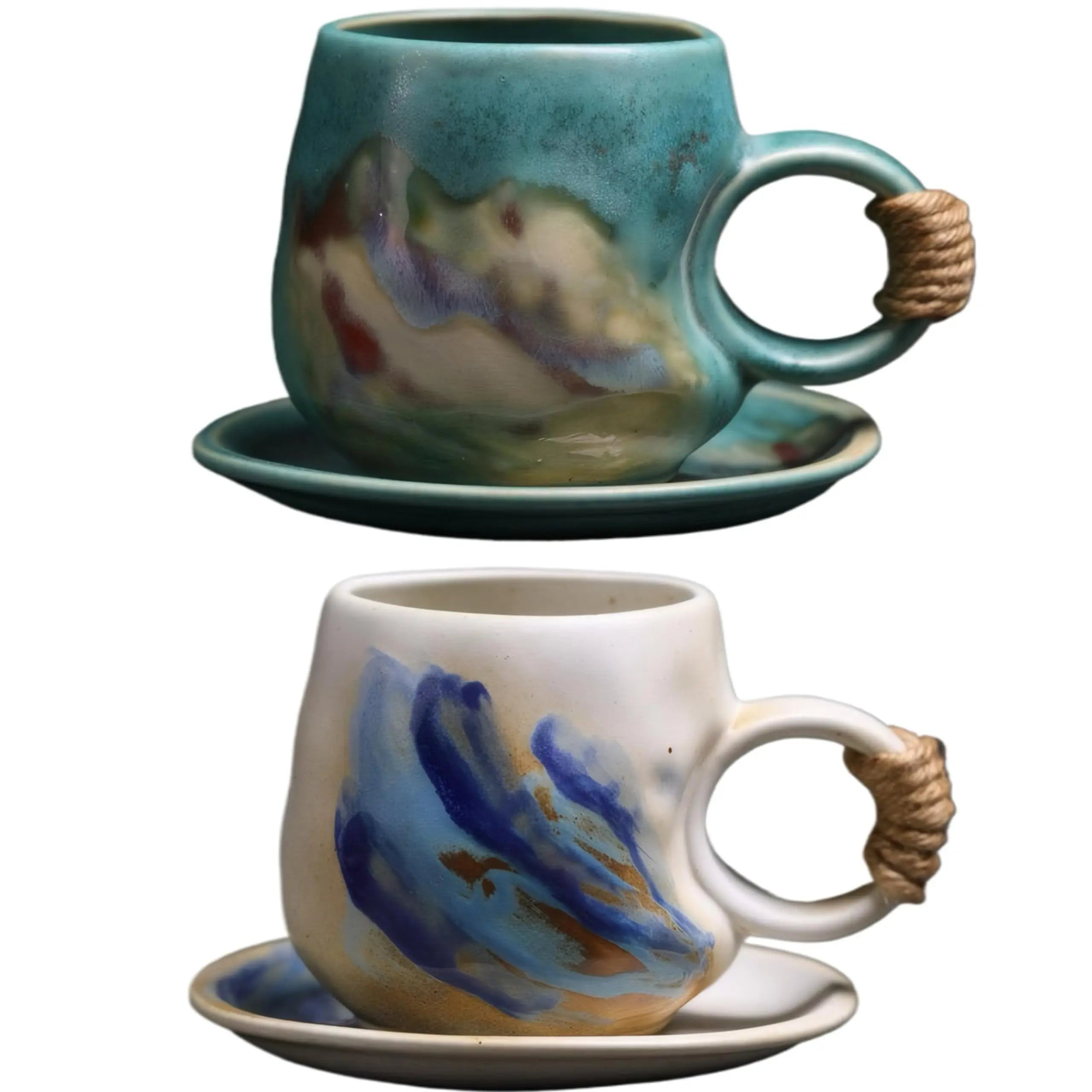 8oz Vintage Retro Japanese Style Handmade Ceramic Tea Cup and Saucer – Small Artisanal Mug with saucer set, Lead-Free Latte Art Mug, Handcrafted Pottery tea mug with handle,Teal Green - Crema Peaks Coffee