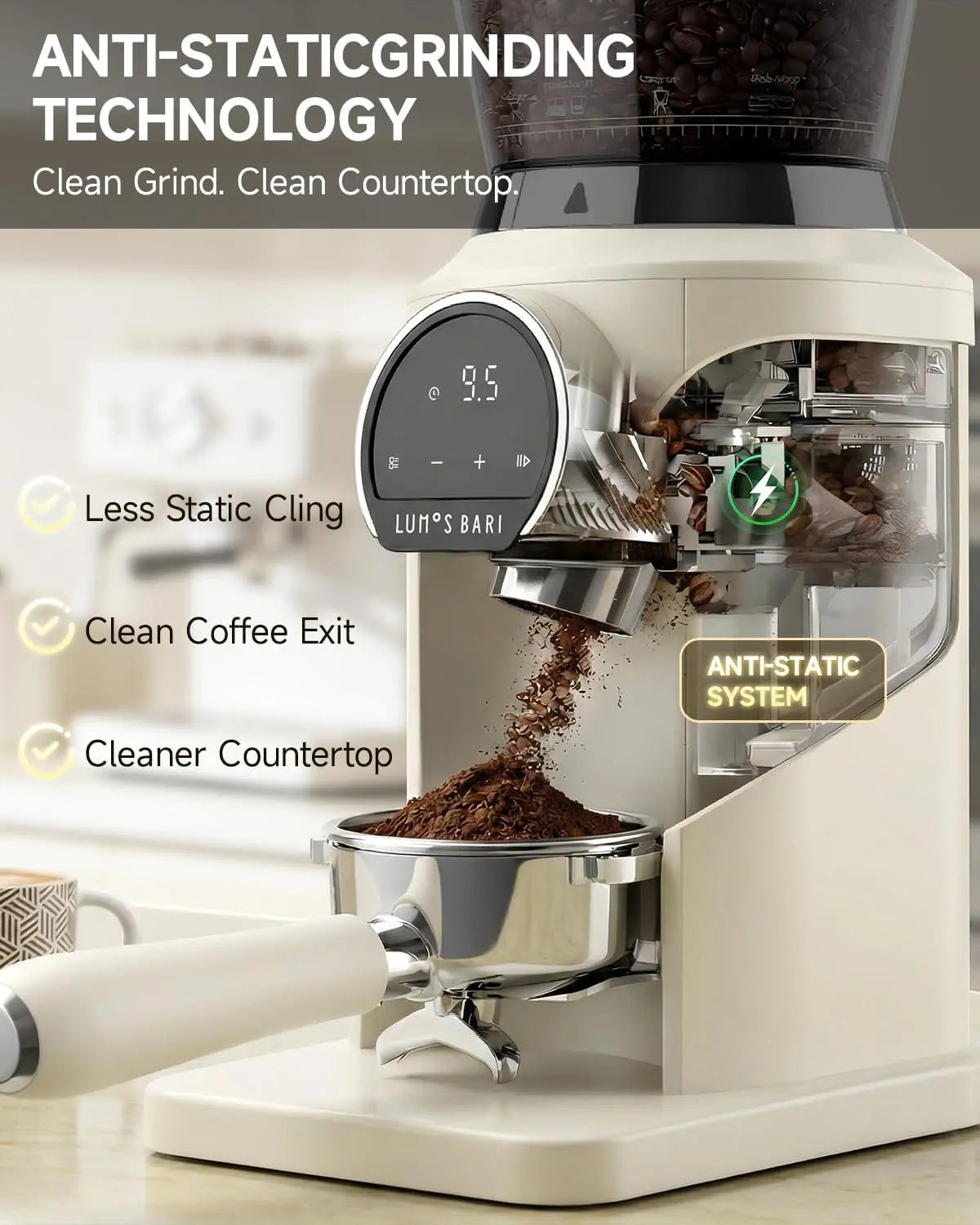 Conical Burr Coffee Grinder with 40mm Stainless Steel Burr, 34 Grind Settings Anti-static, Electric Espresso Grinder for Home Use – Perfect for Espresso, Drip Coffee, French Press & Cold Brew, White - Crema Peaks Coffee