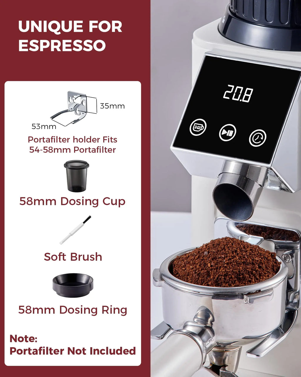 Tuni G1 Conical Burr Coffee Grinder, 48 Grind Settings Anti-static Burr Mill, Precision Electronic Timer and LED Touchscreen for Espresso/Drip/Cold Brew/French Press, Stainless Steel, Ivory - Crema Peaks Coffee