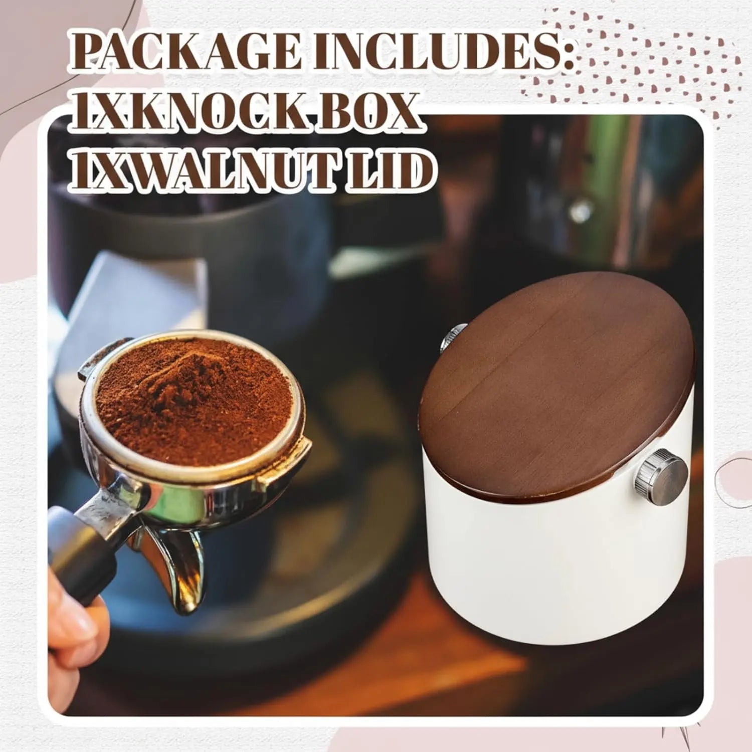 Espresso Knock Box with Walnut Lid for Coffee Grounds, Espresso Machine Accessory, Easy Disposal of Coffee Pucks, Removable Knock Bar(White,Round) - Crema Peaks Coffee
