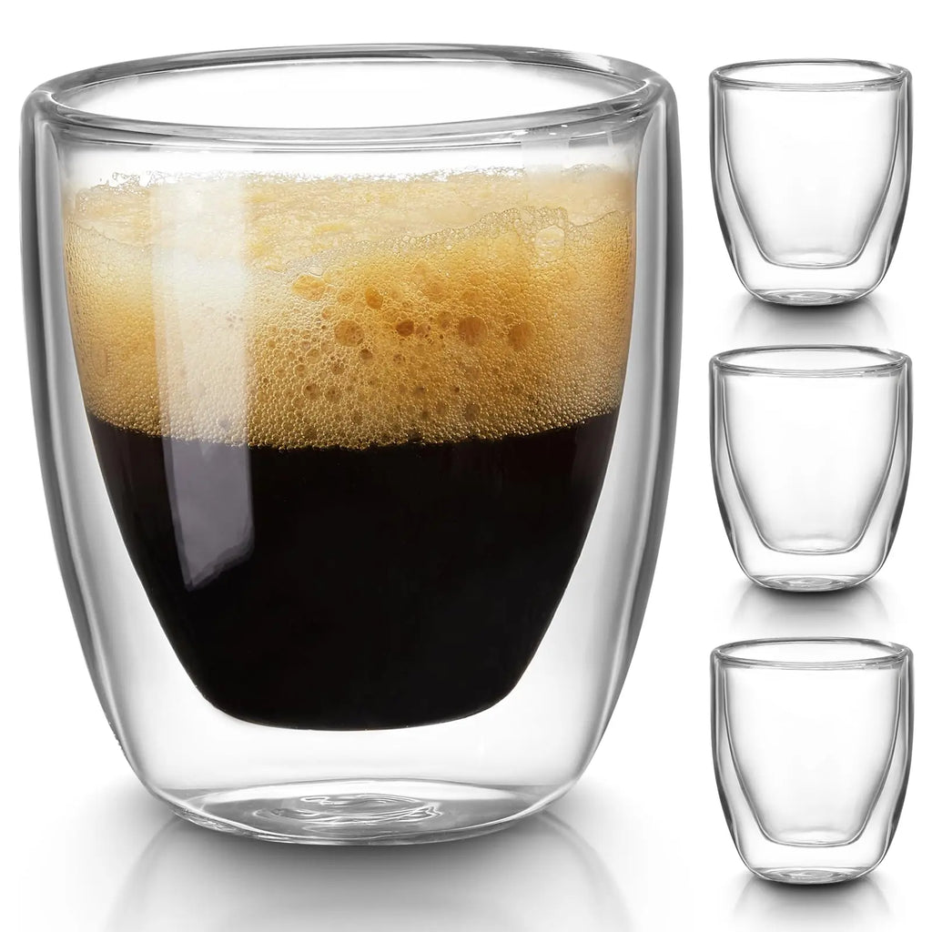 Double Walled Espresso Cups Set of 4 (50% Thicker), 3 Ounce Clear Expresso Coffee Mugs, Espresso Shot Glasses, Double Wall Insulated Espresso Cups Suit for Espresso Machine, Microwave Safe - Crema Peaks Coffee