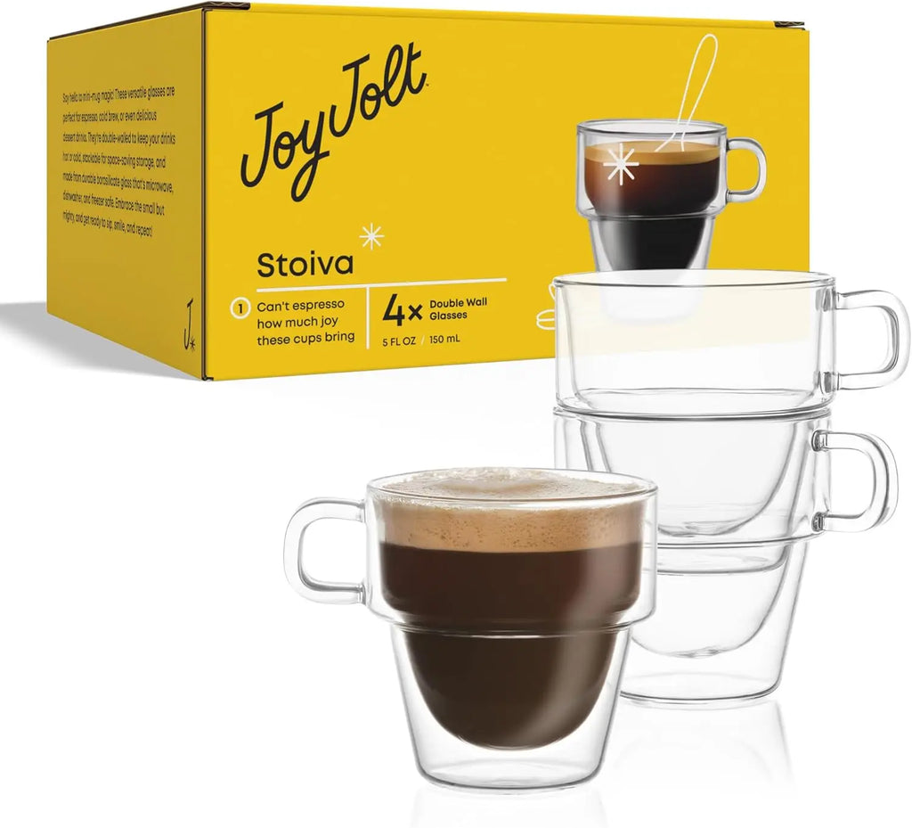 Double Wall Insulated Espresso Glass Cups by JoyJolt Stoiva – 5 oz. (150 ml) Shot Cup with Handle – Stackable Thermal Clear Glass Cups, Fit for Espresso Machine and Coffee Maker – Set of 4 - Crema Peaks Coffee