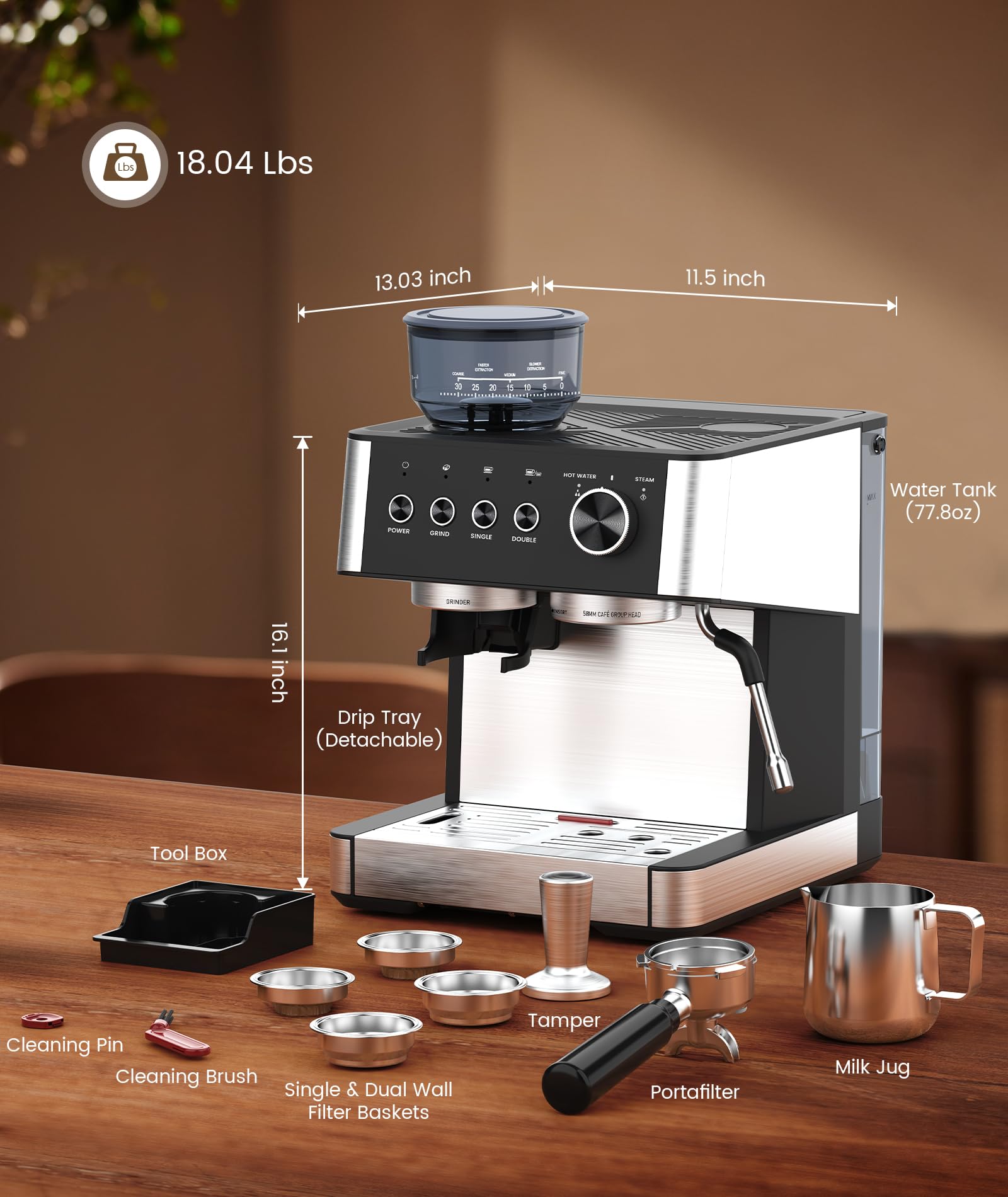 (2026 Upgrade) 15 Bar Espresso Machine with Built-in Anti-Clog Coffee Grinder, Expresso Coffee Machines with Milk Steam Wand/Frother/Tamping Tools,Espresso Maker with Grinder for Lattes-Almond