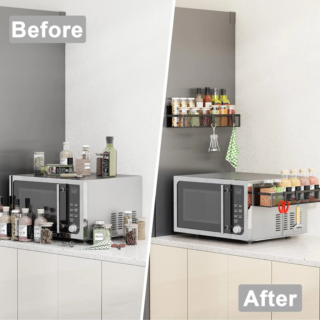 Magnetic Spice Rack for Refrigerator, 3 Pack Magnetic Shelf, Moveable Fridge Organizer with 8-Hook Rack, Seasoning Organizer for Kitchen - Crema Peaks Coffee