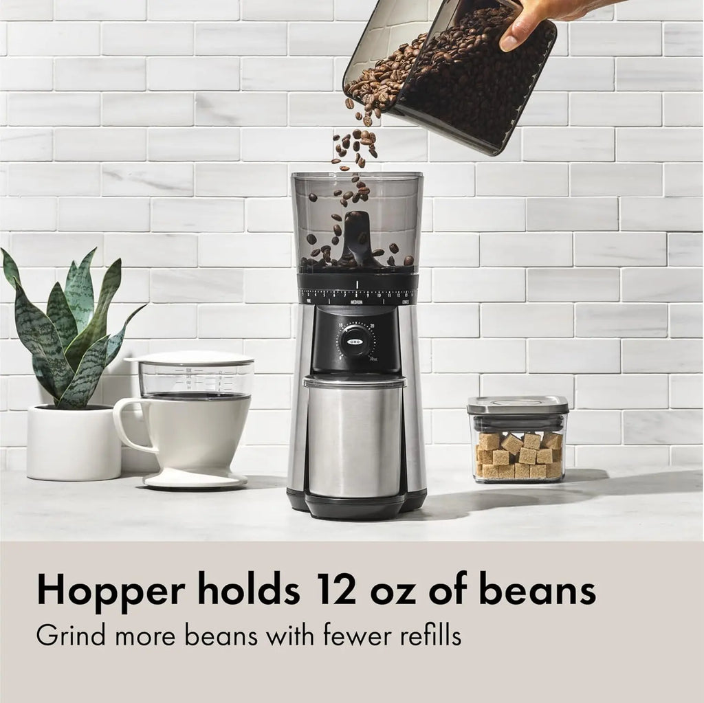 OXO Brew Conical Burr Coffee Grinder - Silver, Stainless Steel Burrs, One-Touch Automatic Smart Grind - Crema Peaks Coffee