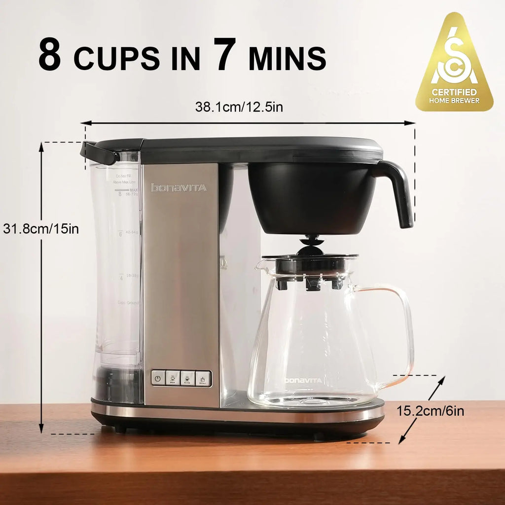 Bonavita Enthusiast 8 Cup Drip Coffee Brewer, Pour Over, SCA Certified Coffee Machine with Thermal Carafe, Stainless Steel Panel, Removable Reservoir - Crema Peaks Coffee