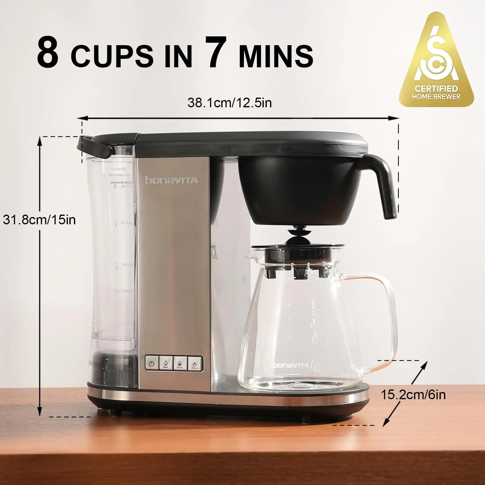 Bonavita Enthusiast 8 Cup Drip Coffee Brewer, Pour Over, SCA Certified Coffee Machine with Thermal Carafe, Stainless Steel Panel, Removable Reservoir - Crema Peaks Coffee