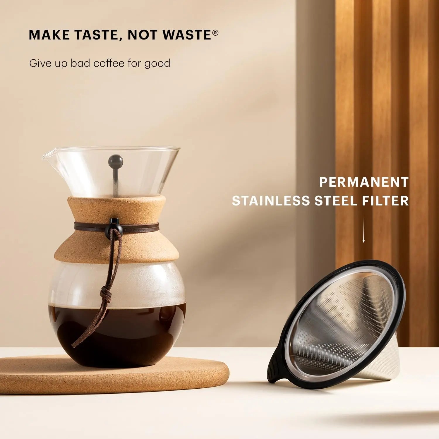 Bodum 34oz Pour Over Coffee Maker, High-Heat Borosilicate Glass with Reusable Stainless Steel Filter and Cork Grip - Made in Portugal - Crema Peaks Coffee
