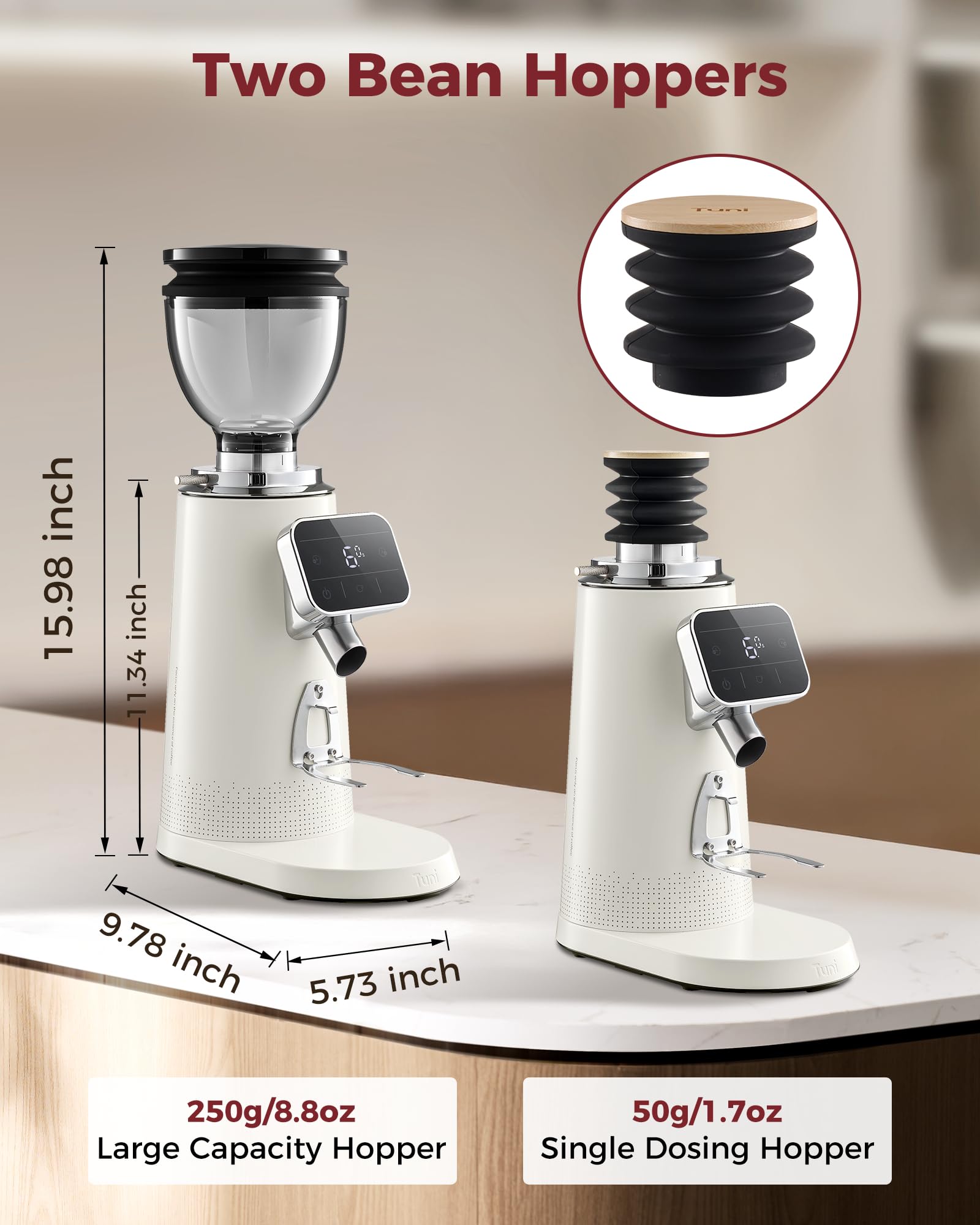 Tuni G3 coffee grinder 64mm Flat Burr Coffee Grinder, 100 Grind Settings Electric Espresso Grinder with Single Dose Set | Commercial Grade Precision, Touchscreen | Anti-Static Tech | Stainless Steel (Ivory) - Crema Peaks Coffee