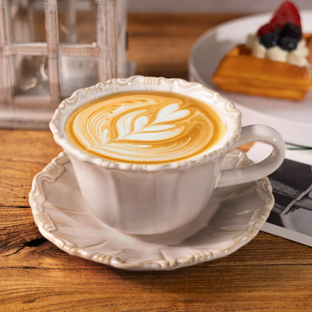12 OZ Latte Cup with Saucer, Cappuccino Cup Vintage Cafe Art Cups for Espresso Turkish Coffee, Farmhouse Latte Mugs Tea Cups and Saucers Porcelain Set for Christmas Thanksgiving Day Gift - Crema Peaks Coffee