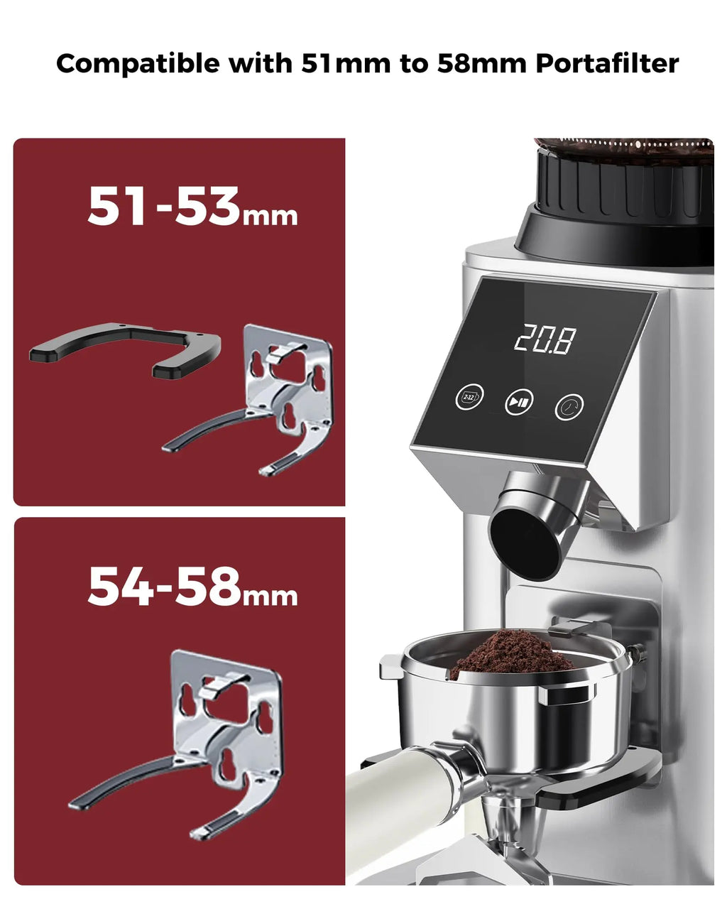 Tuni G1 Conical Burr Coffee Grinder, 48 Grind Settings Anti-static Burr Mill, Precision Electronic Timer and LED Touchscreen for Espresso/Drip/Cold Brew/French Press, Stainless Steel, Ivory - Crema Peaks Coffee
