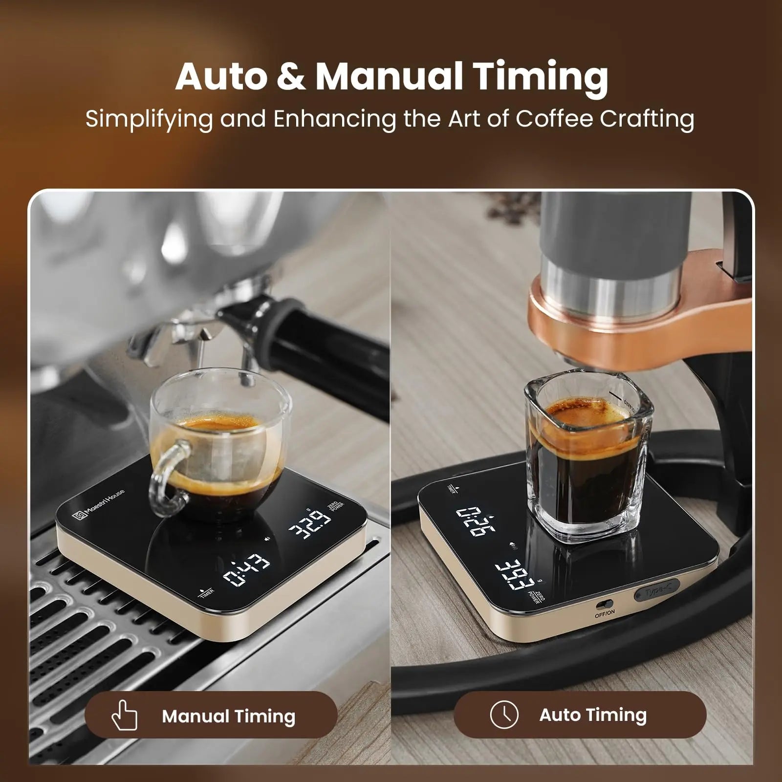 Maestri House Mini Coffee Scale with Timer, USB-C Rechargeable Espresso Scale, 2kg/0.1g Accurate Scale for Espresso and Pour-Over Coffee, Portable Digital Kitchen Scale with Auto Timer (Black&Silver) - Crema Peaks Coffee